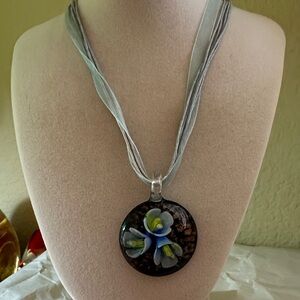 Floral Pendant Necklace with Blue and Green Accents